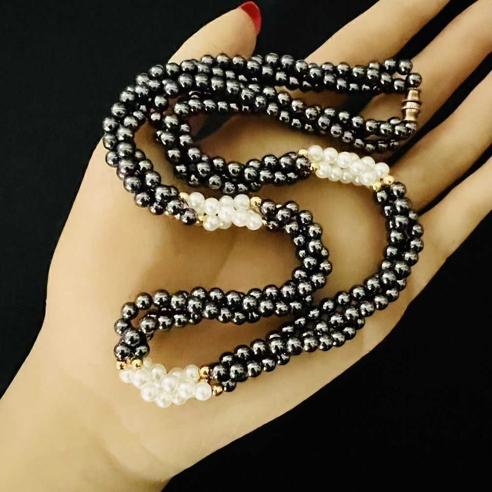 Vintage Twisted Hematite Faux Pearl Gold Beads Beaded Necklace 18” PRETTY 1080